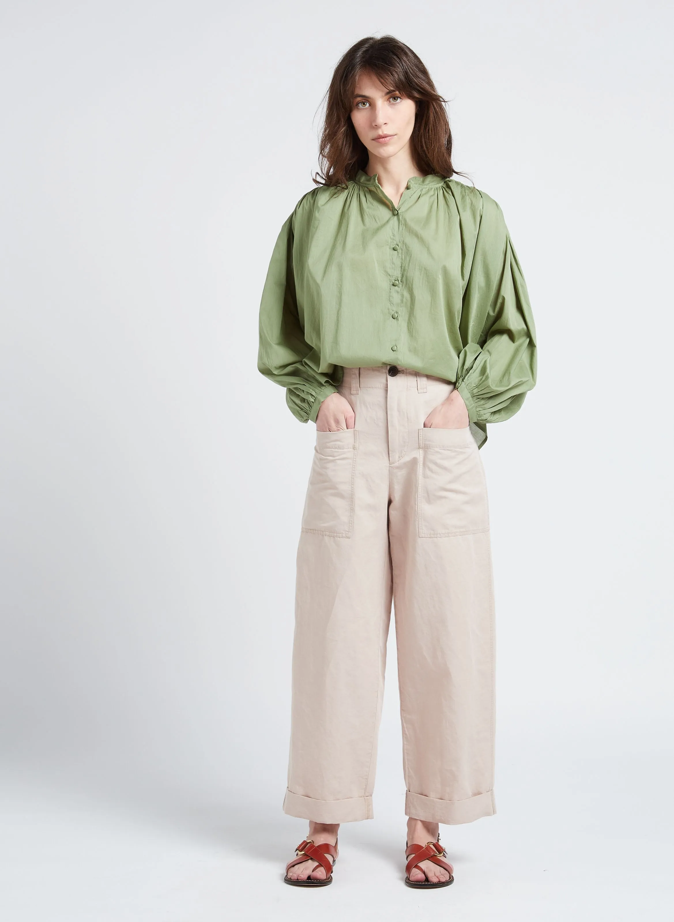 BERENICE COUNTRY - Camisa holgada de algodón con cuello alto en caqui
