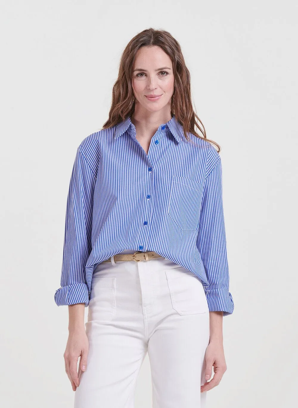 LA FEE MARABOUTEE Camisa holgada bimateria de algodón con cuello clásico en azul