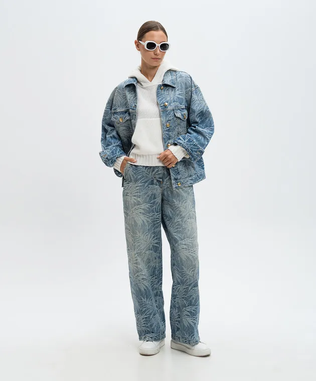 Palm Angels Blue denim jacket in a branded woven pattern with a vintage effect