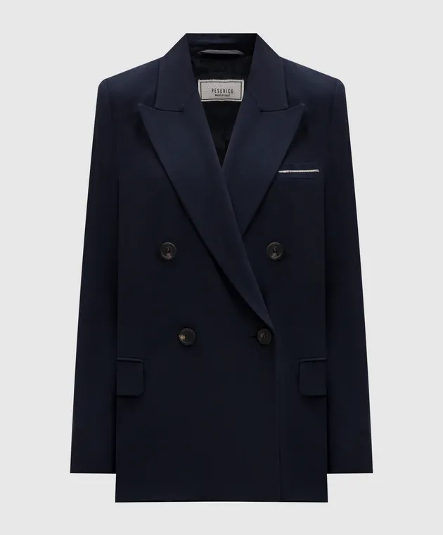Peserico Blue double-breasted wool jacket with monil chain