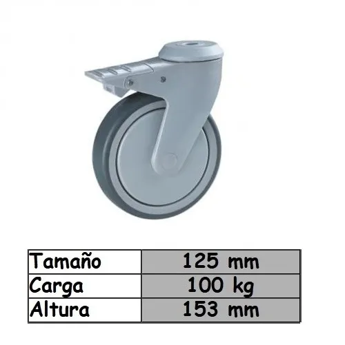 Rueda de goma gris para perno de 125mm con Freno y con Cubre Rueda